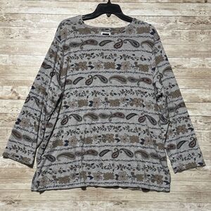 Vintage C.S.T. Sport Gray Long Sleeve Blouse Sz 2X Paisley Floral Round Neck